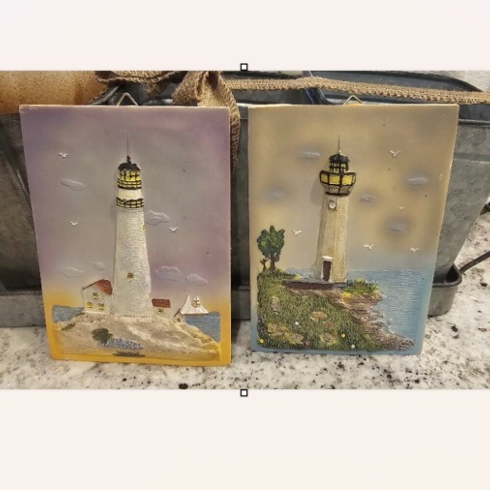 2 Art Tiles Resin Lighthouse Lighthouses Wall Plaques Nautical Ocean Beach Sea